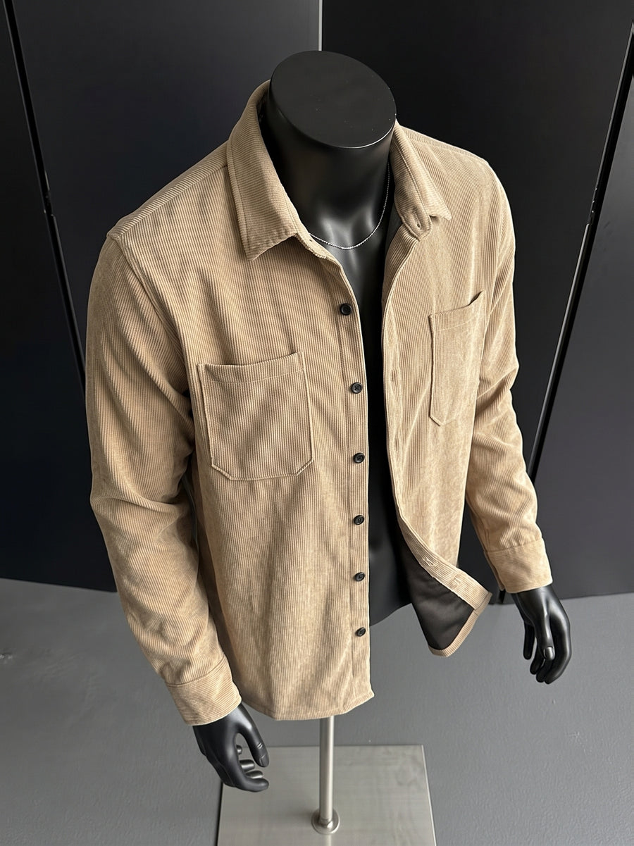 Autumn Winter Men'S Button-Front Double Pocket Retro Shirt Jacket - Khaki