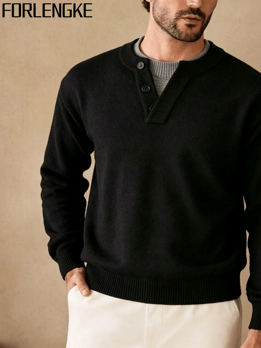 FORLENGKE Fall and Winter Men's Henry Collar Button Knit Sweater, Vintage Style Pullover, Casual and Commuter-Friendly, Simple and Versatile Top for Young and Middle-Aged Men, Comfortable and Skin-Friendly Knit for Layering or Wearing Alone - Black