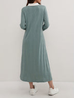 Geo Pattern Color Block Dress, Casual Long Sleeve Zipper Front Maxi Dress For Spring & Fall, Women's Clothing - Olive Green