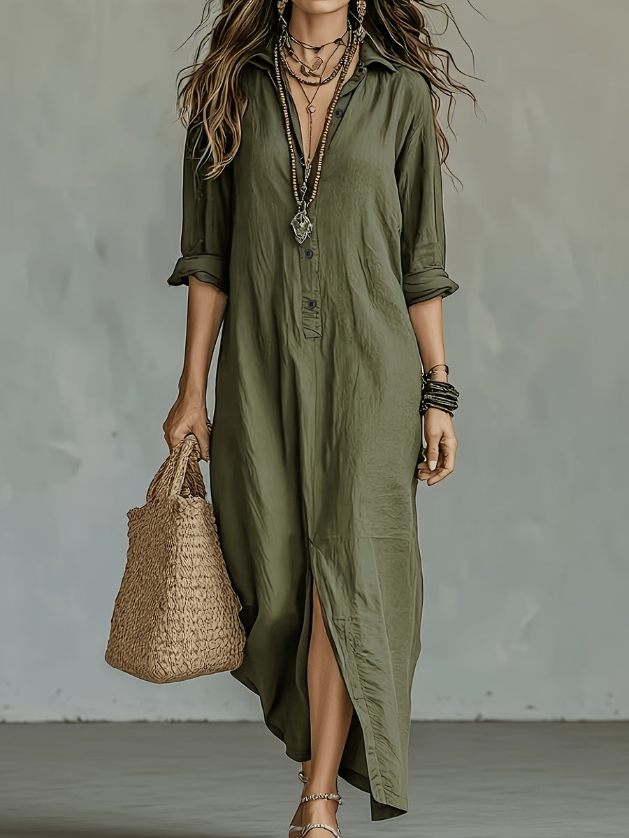 Women'S Spring Summer Autumn Bohemian Solid Color Semi-Open Neck Lapel Long Shirt, Casual Button-Up Relaxed Style Long Sleeve Shirt Dress, Breathable Beach Vacation, Travel, Daily Wear Long Shirt Dress - Tactical Green