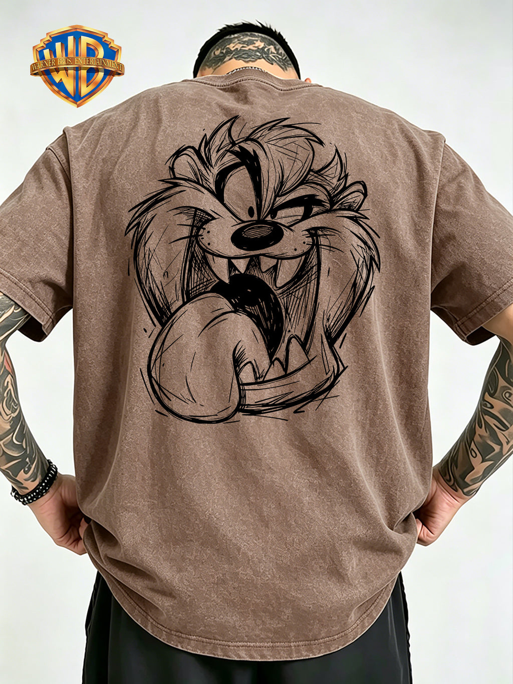 Le Yitong Big Mouth Monster Big Head Sketch Front And Back Print Washed T-Shirt, American Retro Washed Distressed Style Loose Short Sleeve, Unisex Machine Washable T-Shirt, Suitable for Daily Wear, Commuting, And Outdoor Outfits - Khaki