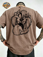 Le Yitong Big Mouth Monster Big Head Sketch Front And Back Print Washed T-Shirt, American Retro Washed Distressed Style Loose Short Sleeve, Unisex Machine Washable T-Shirt, Suitable for Daily Wear, Commuting, And Outdoor Outfits - Khaki