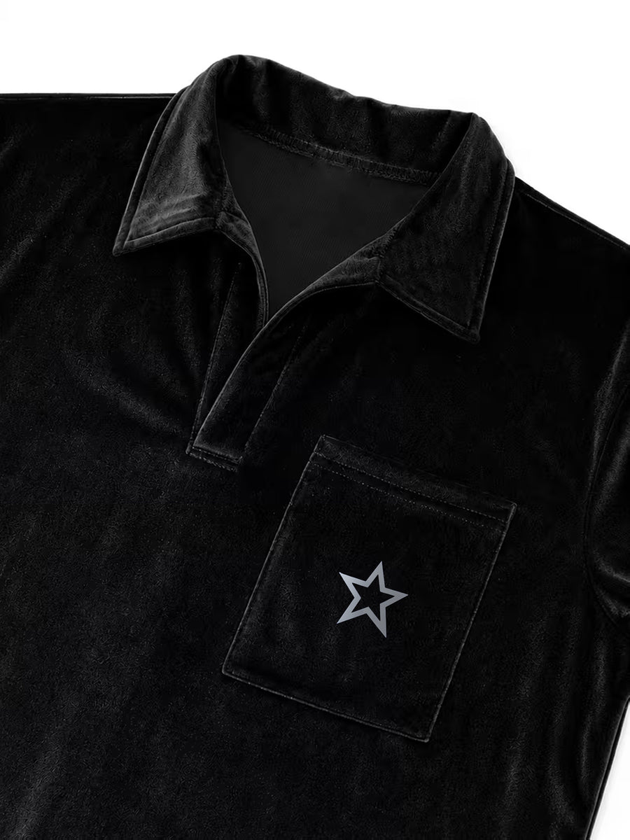 Light Luxury European Style Men'S Velvet Polo Short Sleeve T-Shirt, 3D Star Print with Pocket, Slim Fit Summer Top, Black Soft Velvet Casual Tee - Black