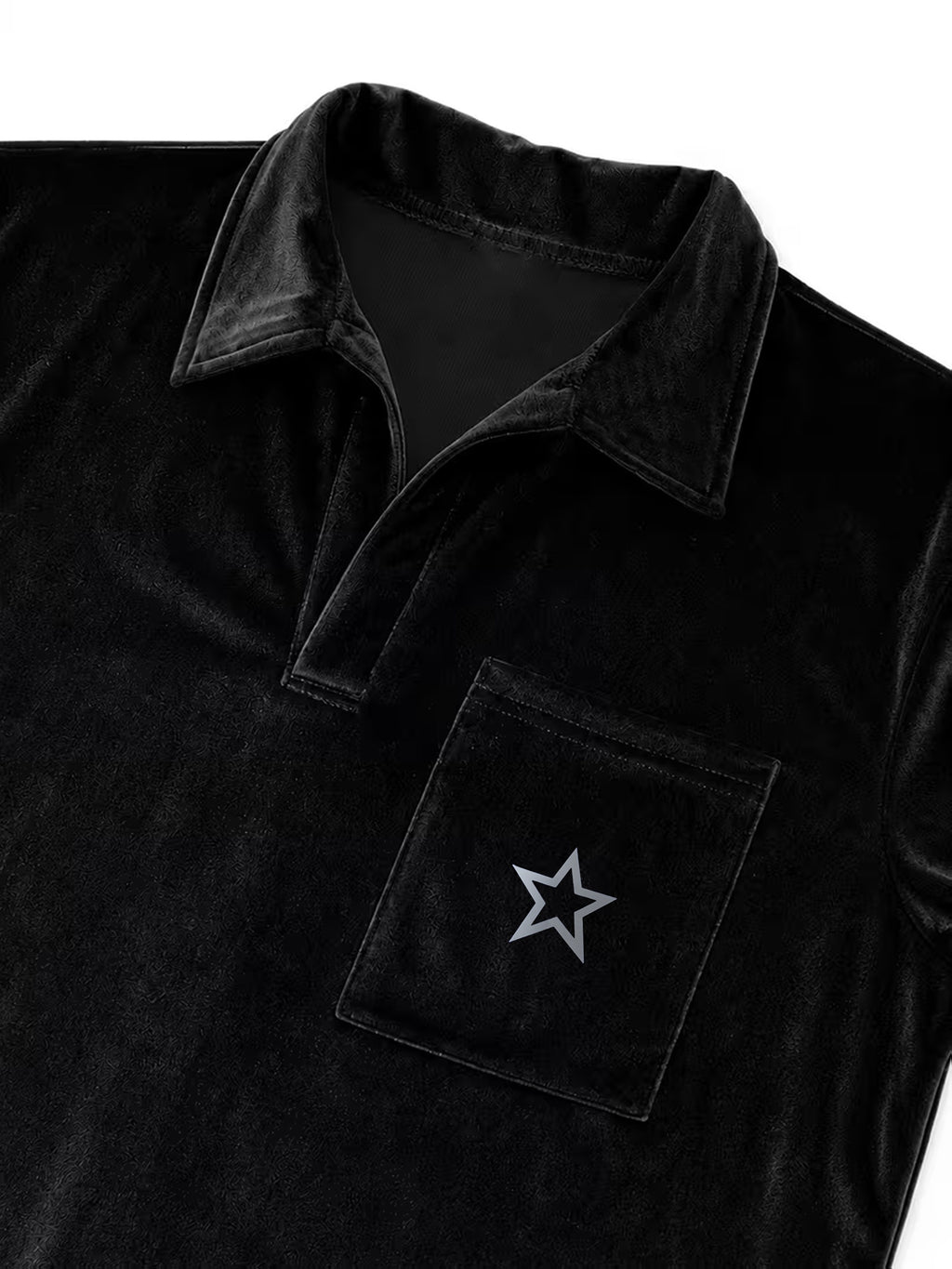 Light Luxury European Style Men'S Velvet Polo Short Sleeve T-Shirt, 3D Star Print with Pocket, Slim Fit Summer Top, Black Soft Velvet Casual Tee - Black