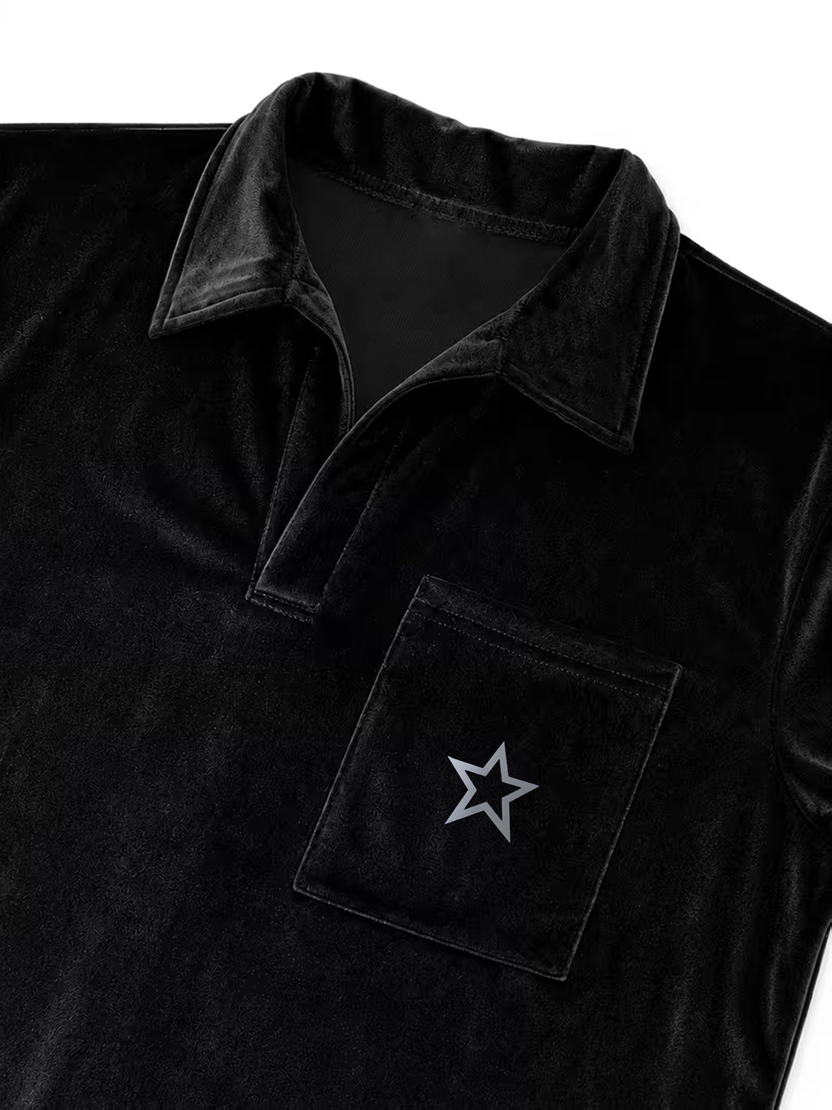 Light Luxury European Style Men'S Velvet Polo Short Sleeve T-Shirt, 3D Star Print with Pocket, Slim Fit Summer Top, Black Soft Velvet Casual Tee - Black