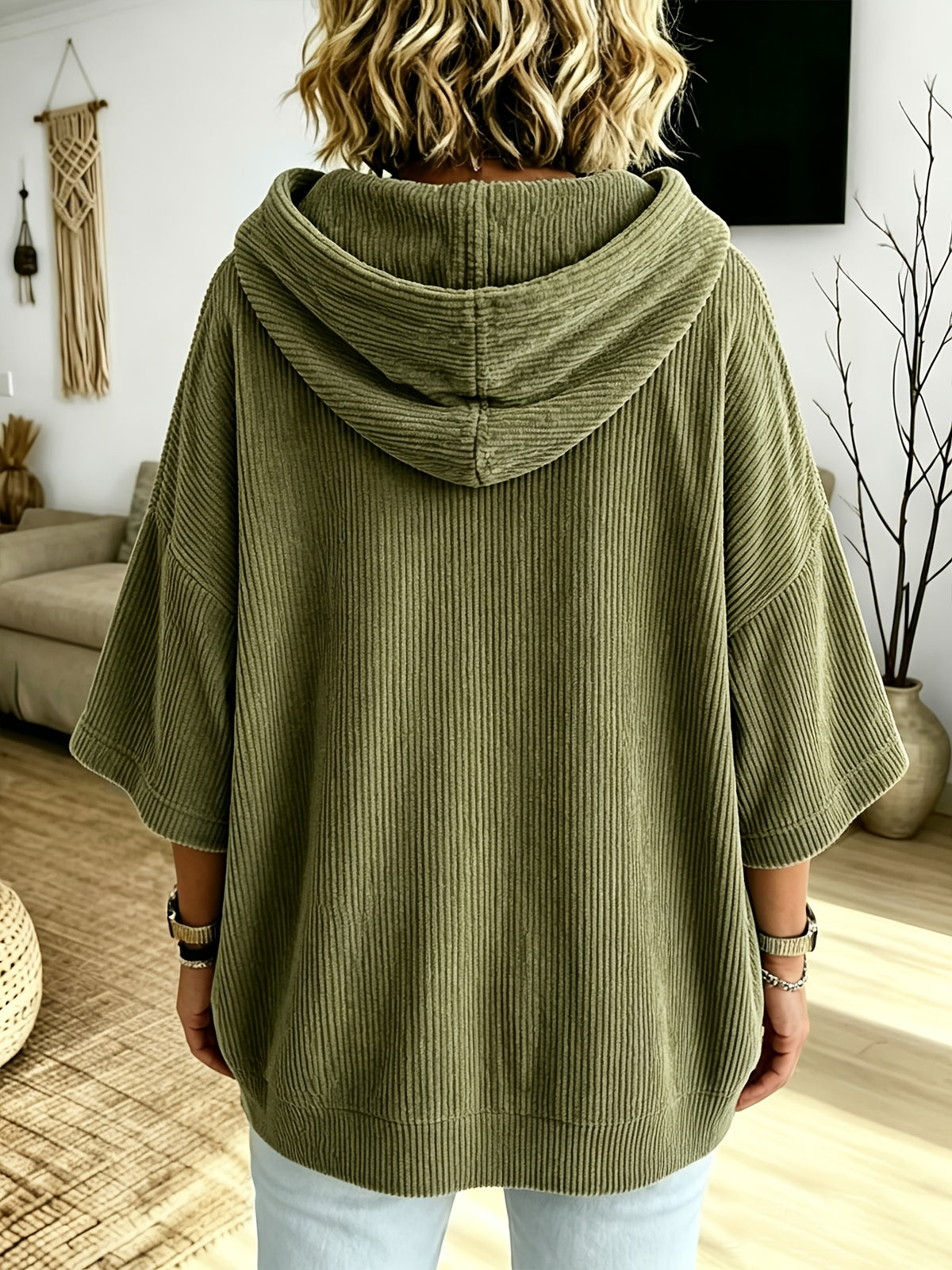 Plus Size - Women'S Casual Corduroy Drawstring Hooded Sweatshirt, Classic Versatile Hooded Top Elegant Women'S Top, Loose Fit Comfortable Sweatshirt Suitable for Commute And Casual Wear Spring/Autumn Clothing - Olive Green