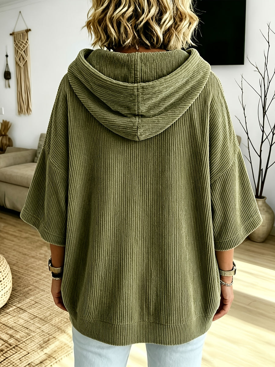 Plus Size - Women'S Casual Corduroy Drawstring Hooded Sweatshirt, Classic Versatile Hooded Top Elegant Women'S Top, Loose Fit Comfortable Sweatshirt Suitable for Commute And Casual Wear Spring/Autumn Clothing - Olive Green