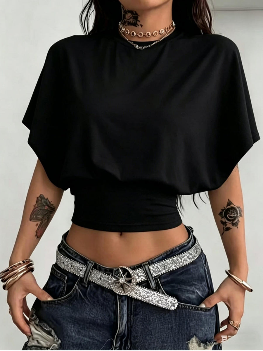 BK260403040 Women's Fashion Spring/Summer New Arrival, Stylish and Elegant, Solid Color No Print, Casual Versatile Waist-Cinching T-Shirt, Essential Basic Style—Suitable for Daily Spring/Summer Wear,, Beach, Vacation, and Home - Black
