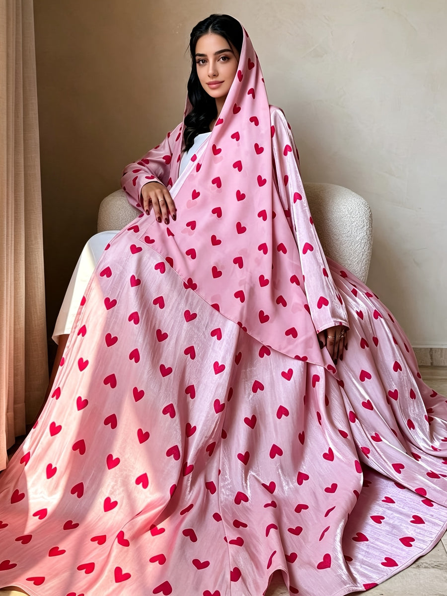 1 Set Heart Print Satin Abaya Set With, Elegant Flare Maxi Open Abaya for Women - Pink