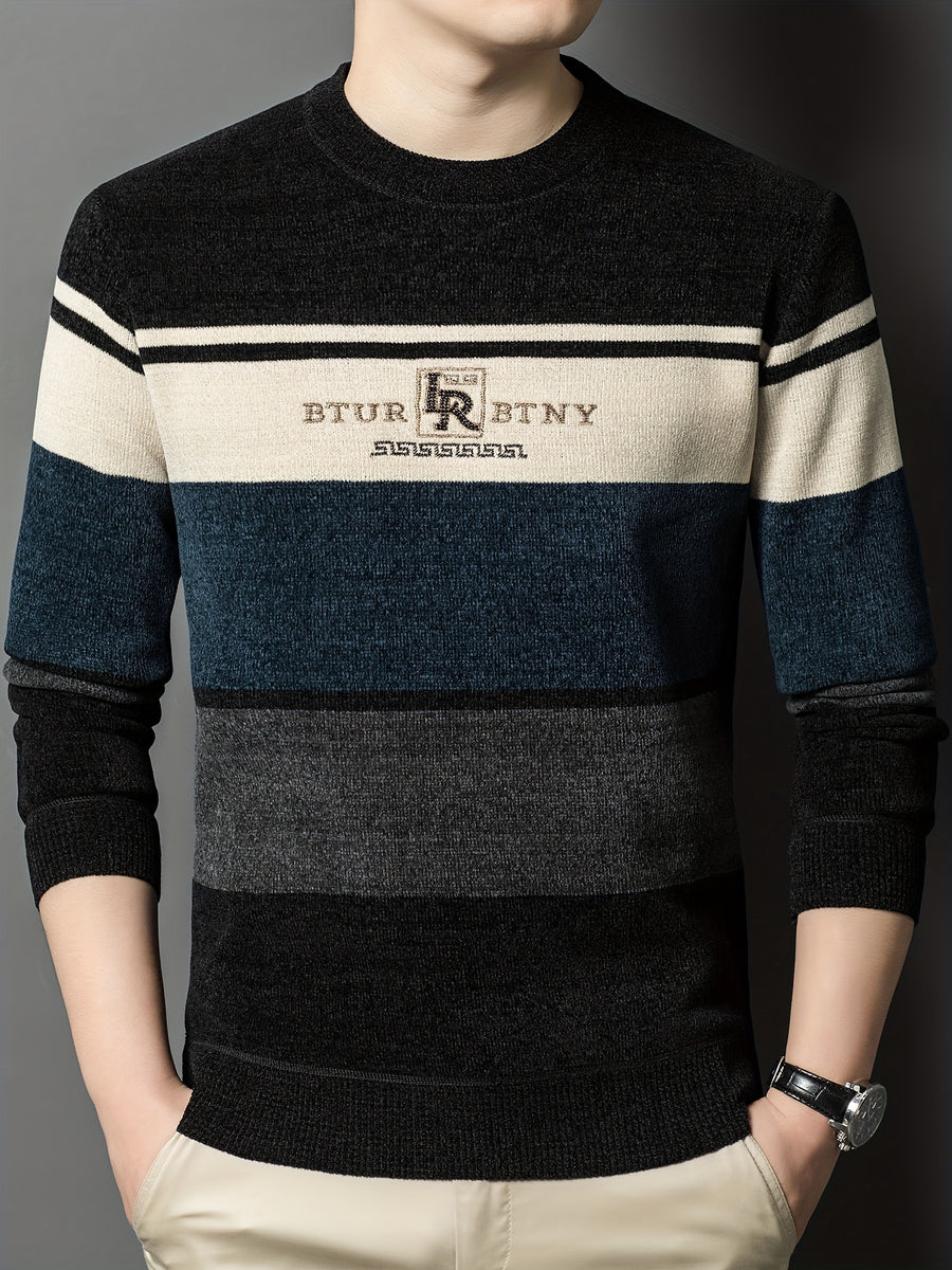 Men'S Winter Striped Crew Neck Sweater, Thickened, Casual Round Neck, Regular Fit, Long Sleeve, Knitted Pullover with Ribbed Hem And Cuffs, Fashionable Letter Pattern, Winter Warmth Top, Autumn Essentials - Sea Blue
