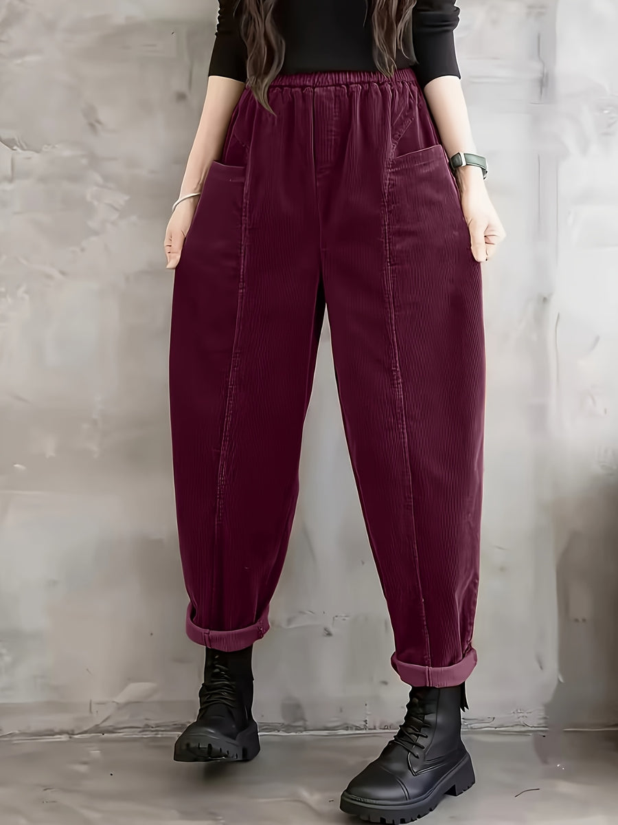 Plus Size - Plus Size - Women'S Elegant Wide-Leg Corduroy Harem Pants - Tapered Design with Pockets, All-Season Corduroy Trousers, Suitable for Casual And Formal Occasions - Burgundy