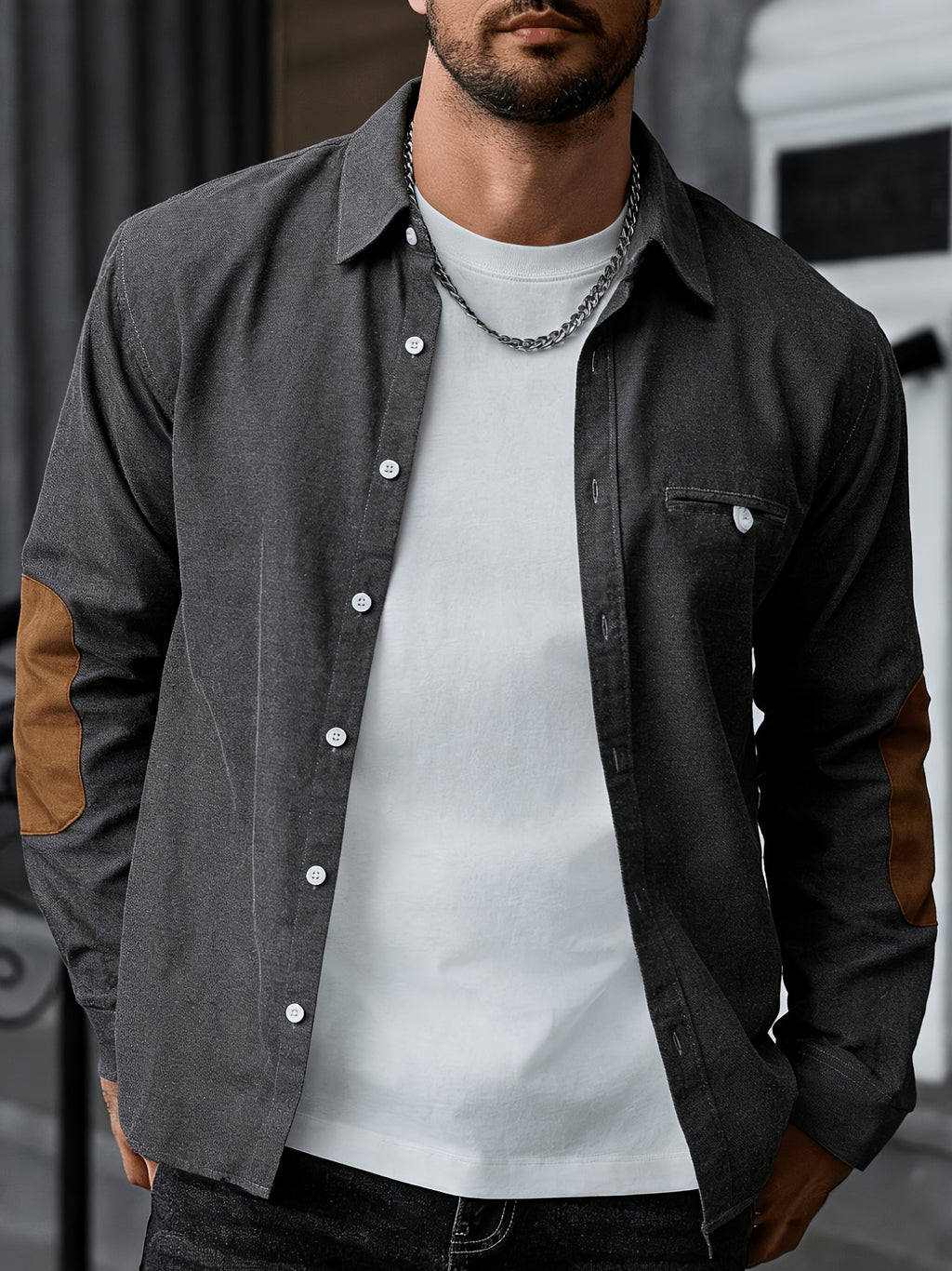 Elegant Men'S Oxford Weave Elbow Patch Shirt - White
