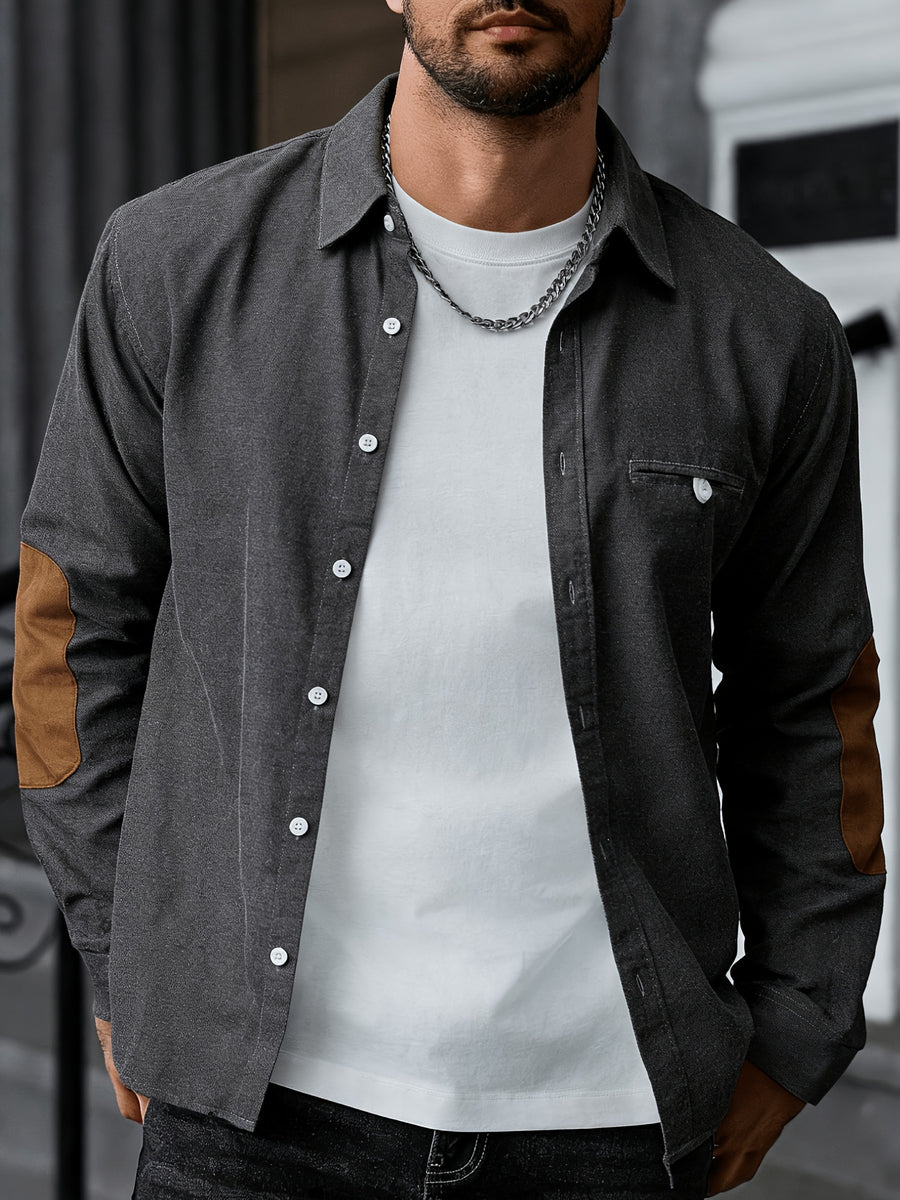 Elegant Men'S Oxford Weave Elbow Patch Shirt - White