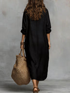 Women's Elegant Lapel Loose-Fit Long Sleeve Maxi Dress, Skin-Friendly and Breathable Faux Linen Fabric, Versatile for Vacation, Commuting, and Daily Wear, Flattering and Minimalist Design, Relaxed Style Long Dress for Spring, Summer, and Autumn - Black
