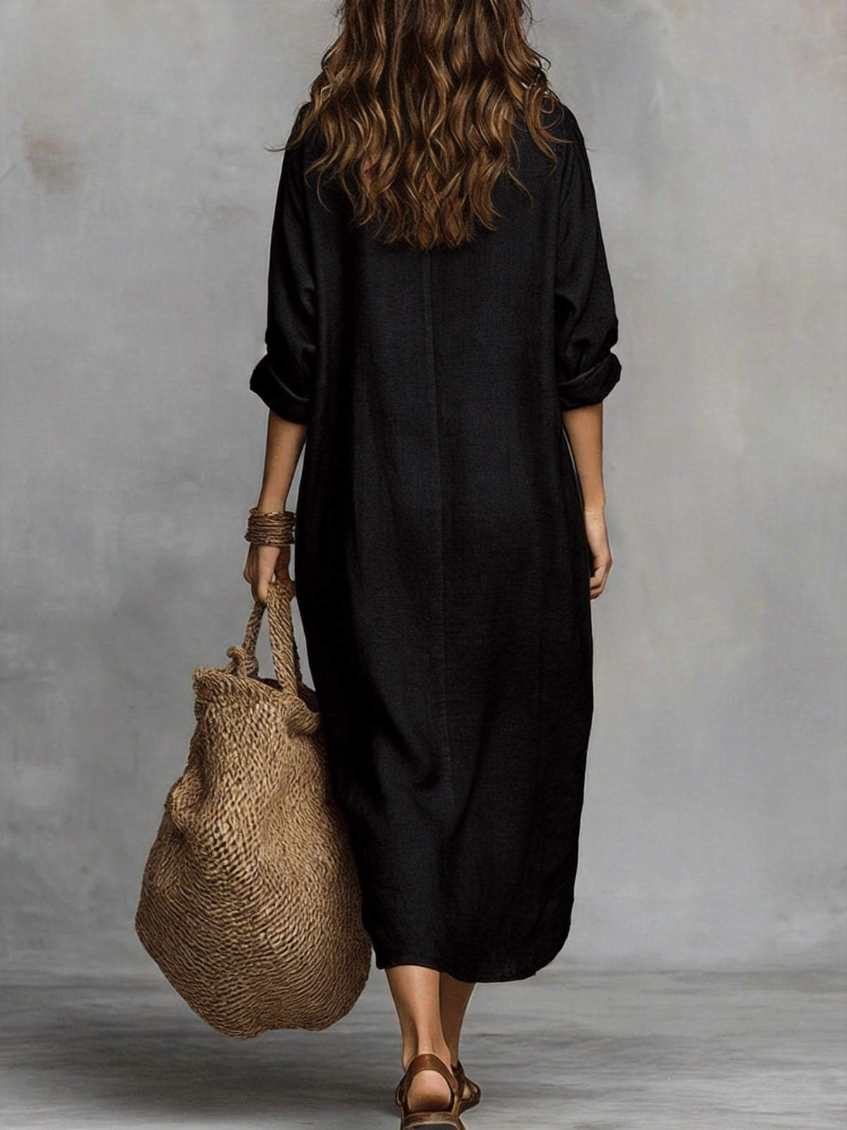 Women's Elegant Lapel Loose-Fit Long Sleeve Maxi Dress, Skin-Friendly and Breathable Faux Linen Fabric, Versatile for Vacation, Commuting, and Daily Wear, Flattering and Minimalist Design, Relaxed Style Long Dress for Spring, Summer, and Autumn - Black
