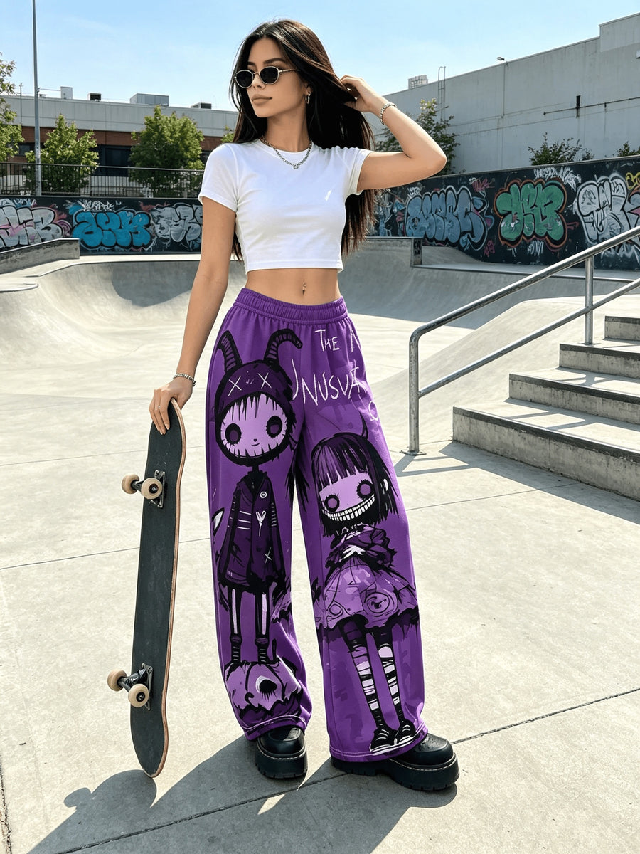 Women'S Digital Print Spring Summer Autumn Retro Horror Doll Cartoon Printed Women'S Trousers, Punk Y2K Subculture Loose Drapey Wide-Leg Pants - Purple
