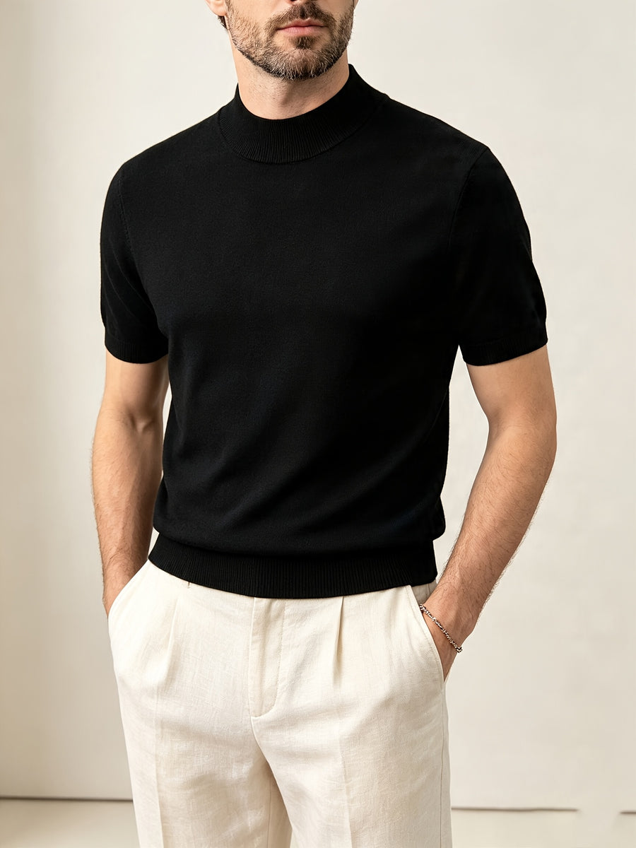 Men's Minimalist Urban Style Half-Turtleneck Short-Sleeve Knit Sweater with Fine Texture, Breathable for Spring/Summer Daily Wear - Black