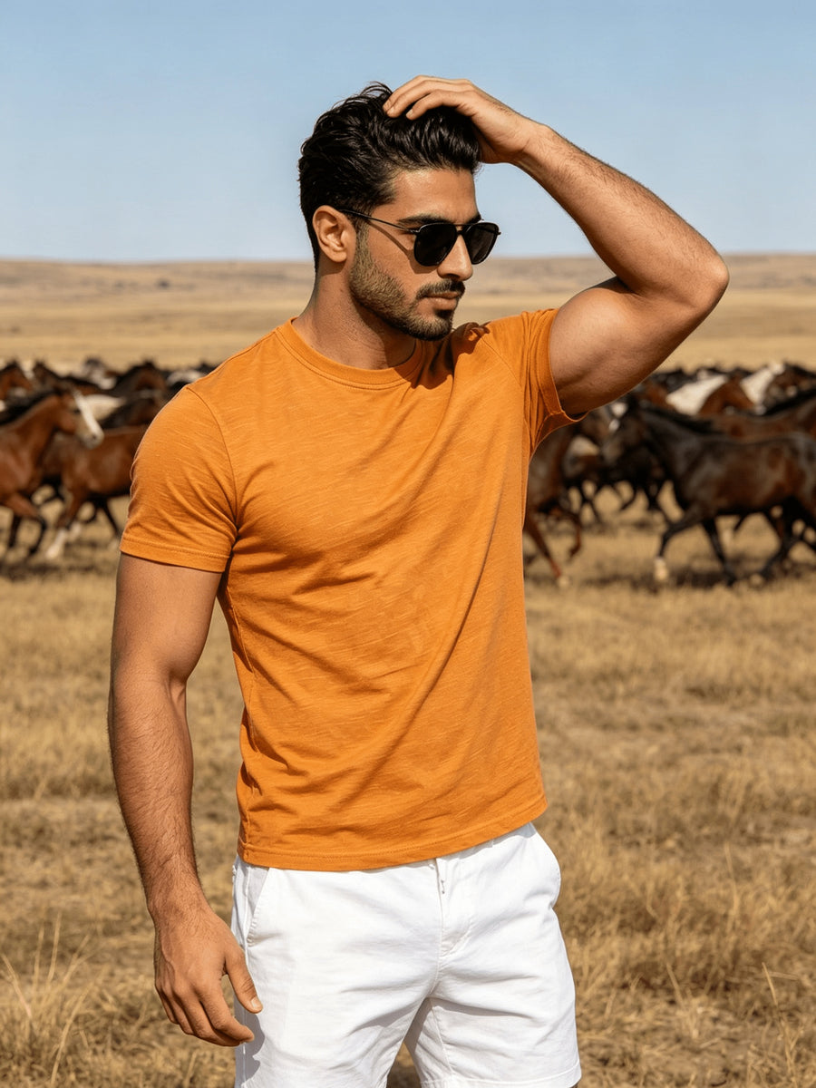 Fashion Athletic Men'S T-Shirt, Spring Summer New Style, Casual Versatile, Comfortable Breathable Lightweight, Trendy Slim Fit, Soft Skin-Friendly Fabric, Individual Premium - Orange