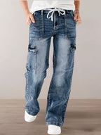 XS8124# New Women'S Jeans, Waist Drawstring, Women'S Spleen Bag Denim Pants - Medium Blue