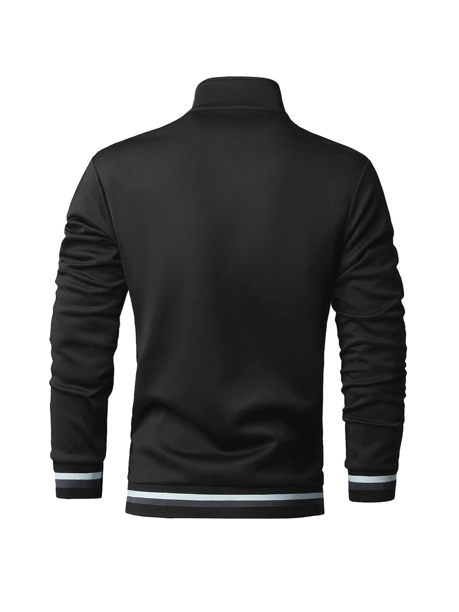 Men's Italian Shield Logo Baseball Jacket - High Collar Winter Warm Zipper Outerwear, Italian Shield Emblem & Ribbed Stripes, Machine Washable Fall/Winter Jacket for Casual & Wear - Black