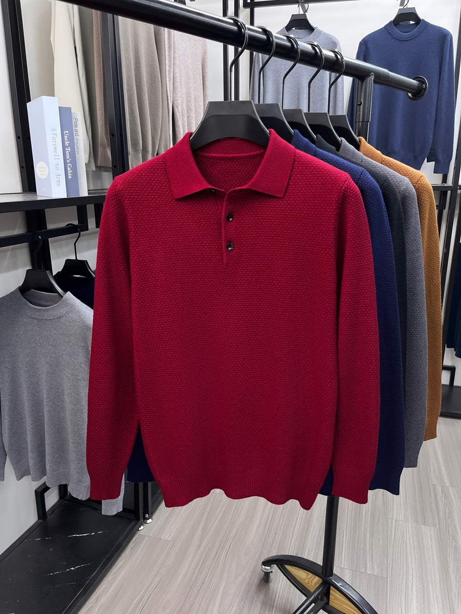 Autumn Men'S Long Sleeve T-Shirt Long Sleeve Pineapple Needle Lapel Business Casual Solid Color POLO Shirt - Burgundy color