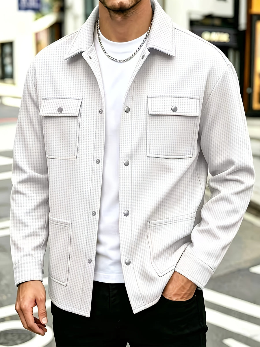 Mens Textured Waffle Shacket Collar Button Front Multi Pocket Long Sleeve Outerwear Top - White
