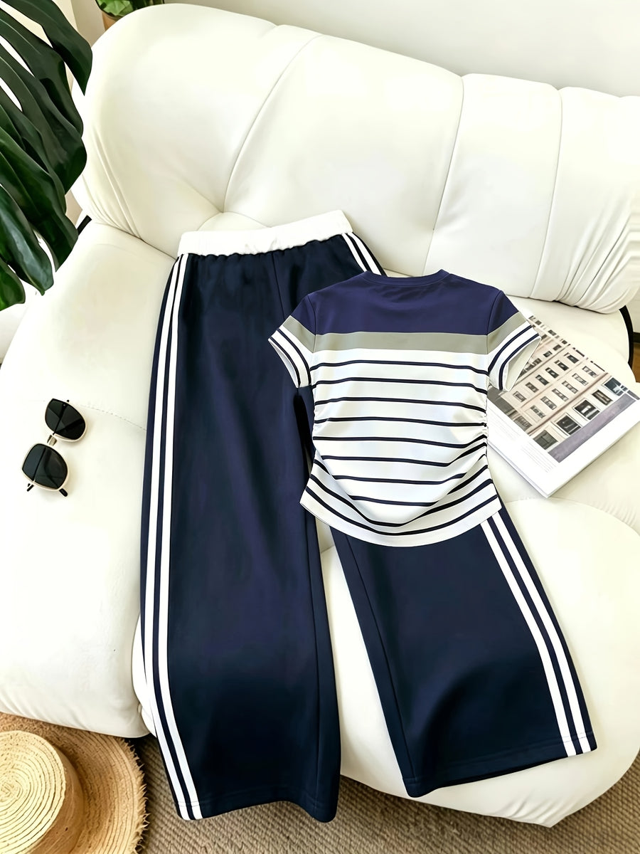 Women'S 2pcs Set Long Pants And Belt Patchwork Casual Sports Street Retro Style Loose Athletic Trousers And American Retro Casual Waist Pleated Craft Short Sleeve Digital Positioning Printed Short Sleeve Top - Navy Blue+Navy Blue