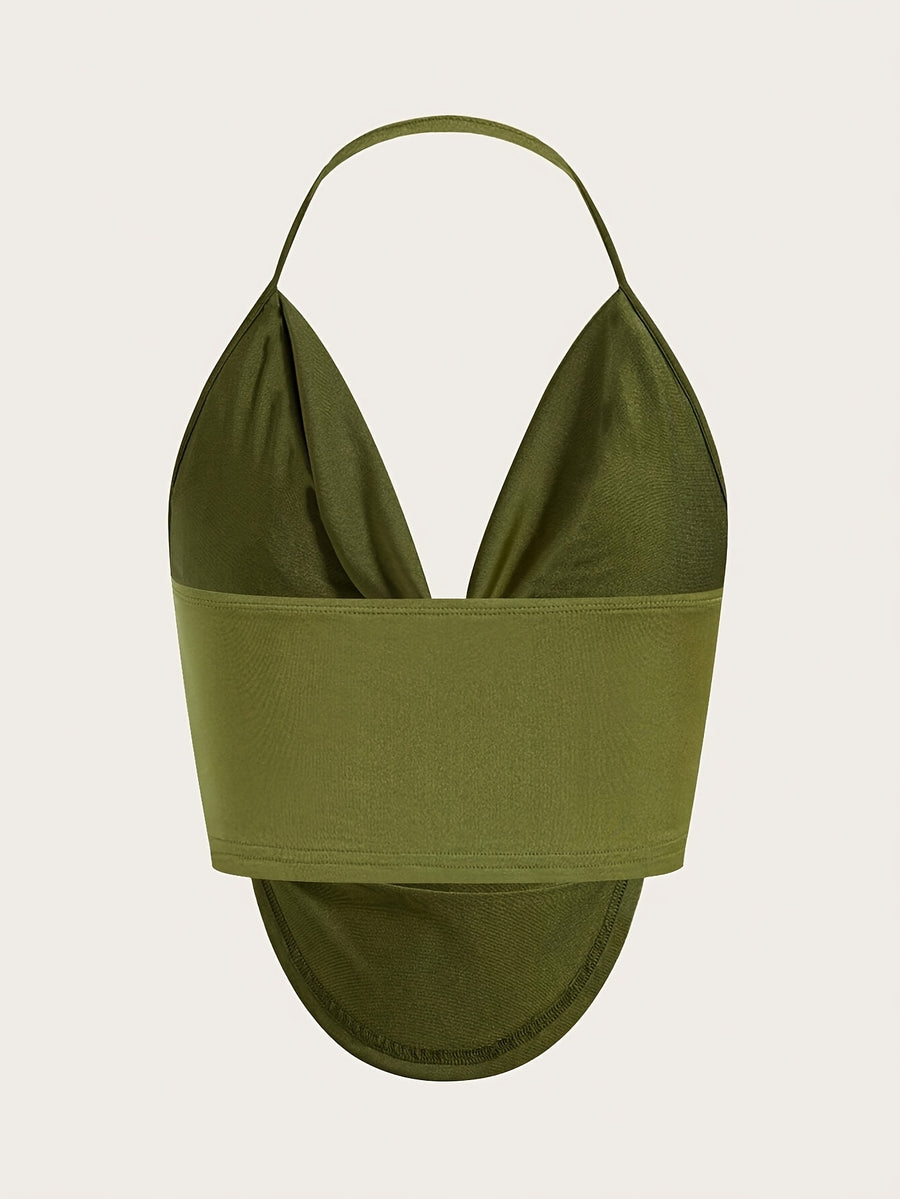 Women'S Stylish Halter Backless Tank Top - Olive Green