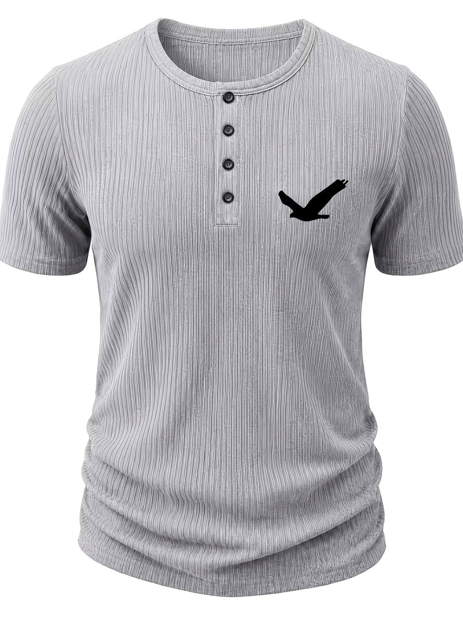 Men'S Ribbed Texture Henley Short Sleeve, All-Over Print Summer Slim Fit Casual T-Shirt - Gray 8