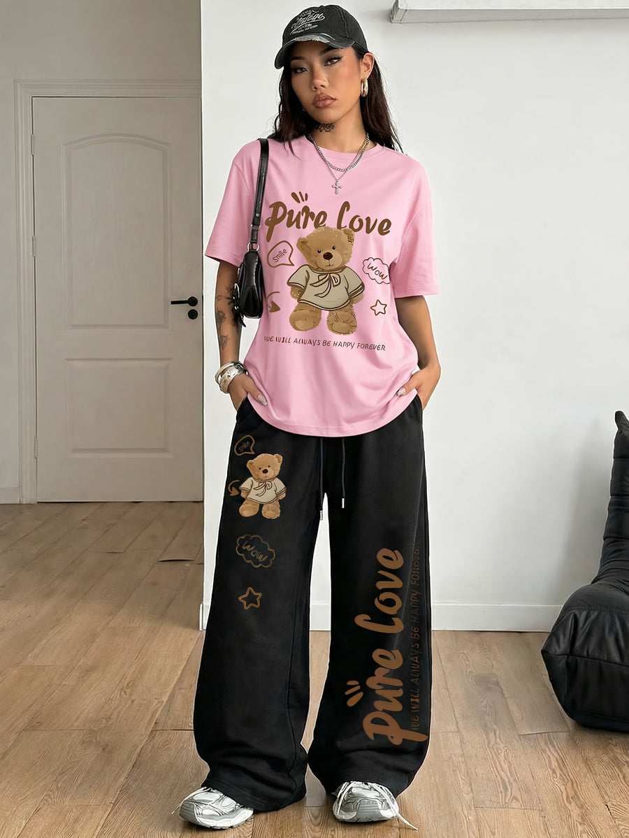 Women's 2-Piece Set: Spring/Summer Fun "Brown Bear" Heart and Letter Print Daily Y Casual T-Shirt with Drawstring Loose Straight-Leg Pants. Soft, Comfortable, Niche Hip-Hop Y2K Versatile Streetwear T-Shirt Set, Suitable for Summer Outings - Pink+Black