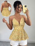 European And American Style Summer Fresh Yellow Floral Halterneck Camisole, Deep V Open Back Tie-Waist Ruffled Hem Top, Sexy Off-Shoulder Slim-Fit Vacation Style Short Vest, Suitable for Dates, Parties, Gatherings, Beach Vacations - Yellow