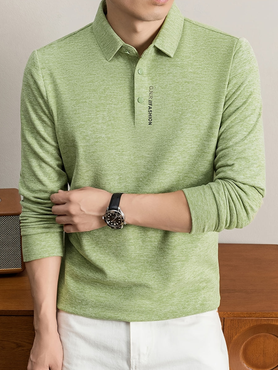 Men'S Lapel Long Sleeve Polo Shirt, Classic Small Lapel, 3-Button Placket, Business Commute And Casual Wear - SINBOS - Leaf Green