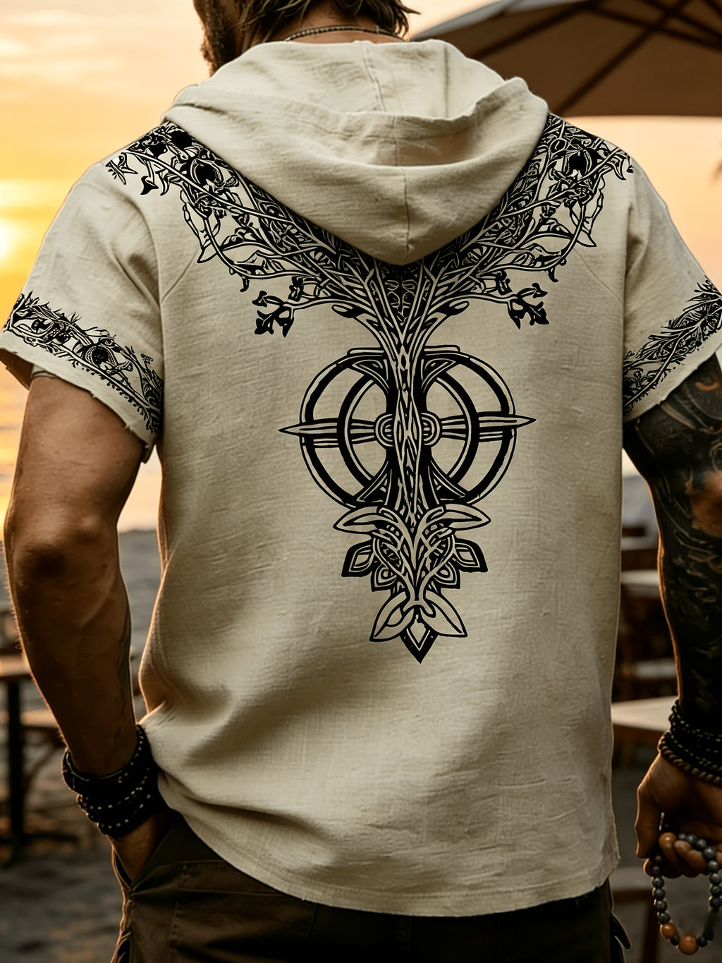 Western Retro Men'S Hooded Short Sleeve Shirt Thin Breathable Totem Print Half-Button Loose Casual Beach Vacation Men'S Clothing - Apricot