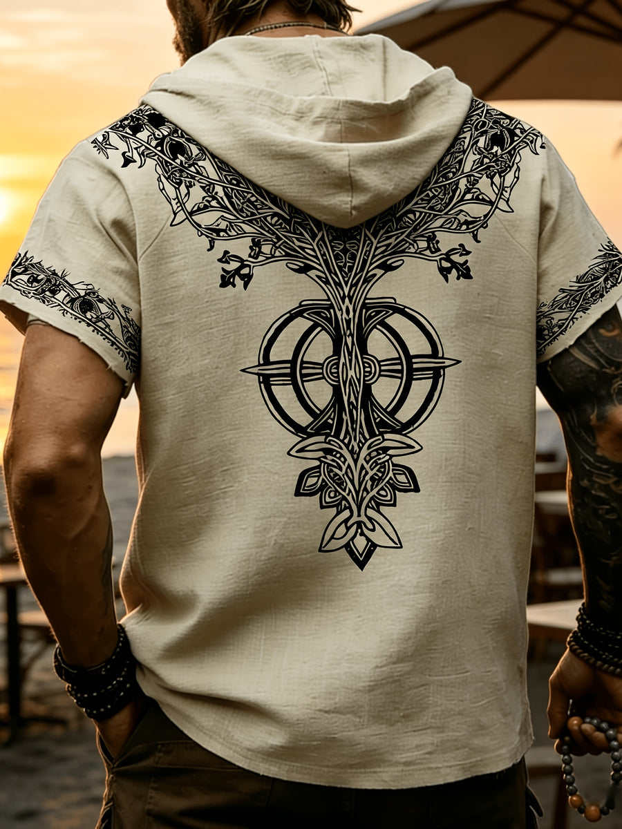 Western Retro Men'S Hooded Short Sleeve Shirt Thin Breathable Totem Print Half-Button Loose Casual Beach Vacation Men'S Clothing - Apricot