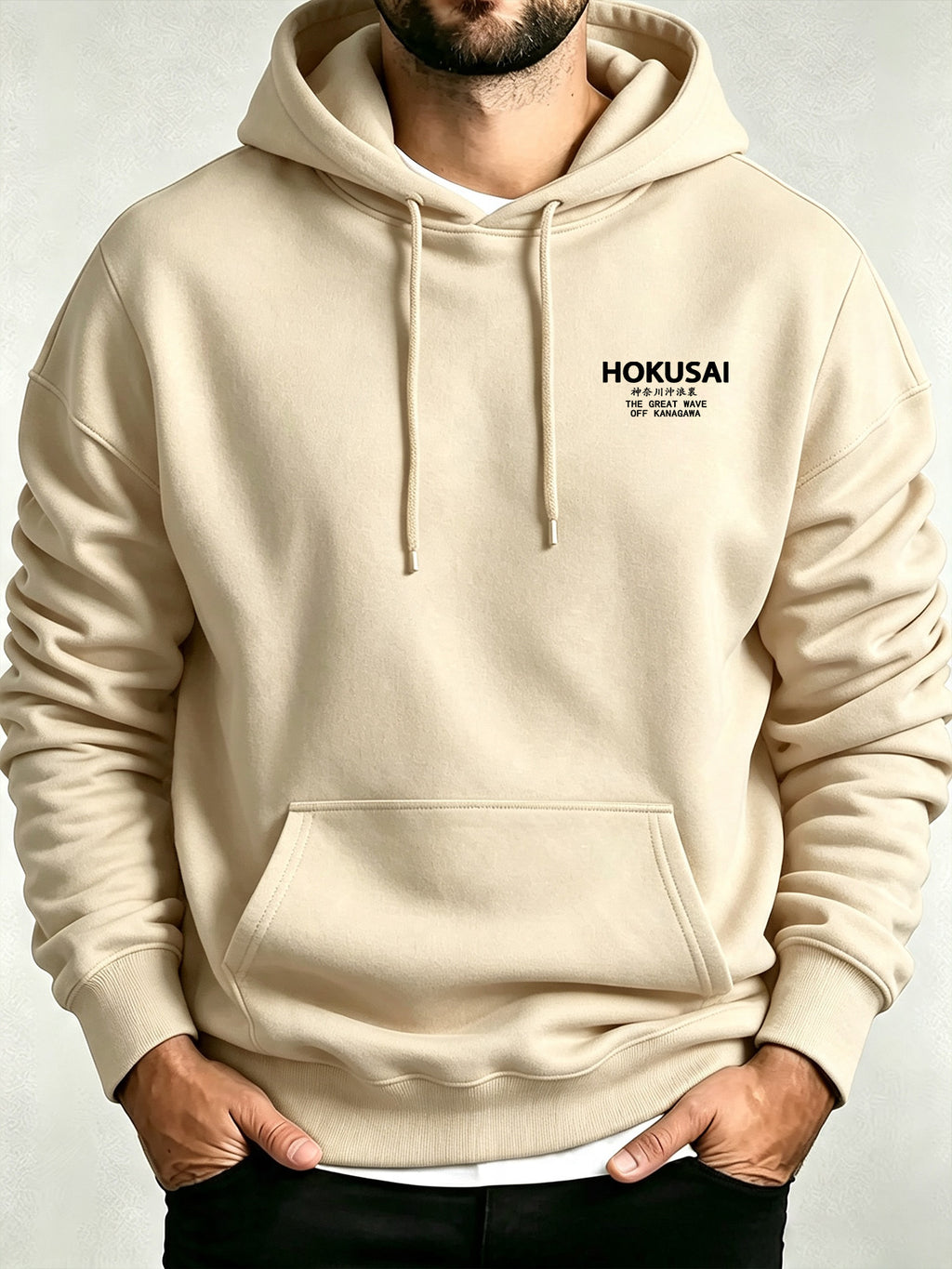 Men'S Casual Pullover Hoodie, Retro Wave Patchwork Print Oversized Drawstring Kangaroo Pocket Sweatshirt, Casual Wear And Gift - Apricot