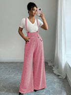 Elegant Women'S Houndstooth Camisole Straight Wide-Leg Suspender Pants, Retro Casual Overalls, All-Season Versatile for Fall And Winter - Pink