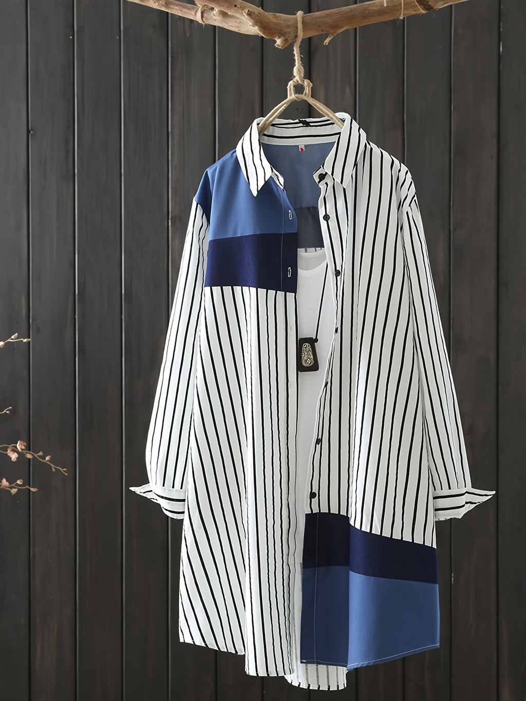 Literary Loose-Fit Asymmetrical Print Midi Shirt - Blue