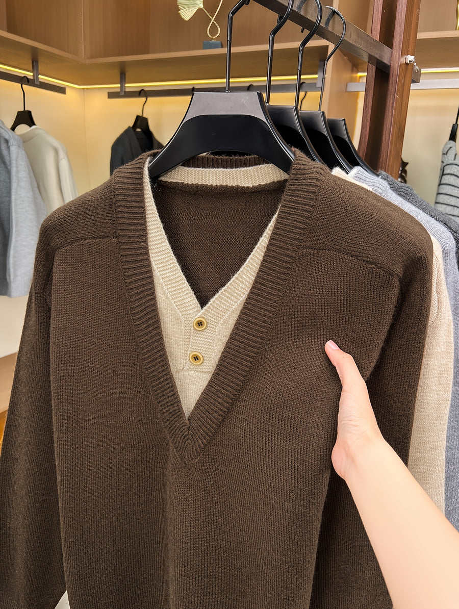 Autumn Winter New Faux Two-Piece Knit Sweater Retro Color-Block V-Neck Sweater Loose Double-Button Long Sleeve Pullover Business Casual All-Match Warm Base Layer Top Men'S Clothing - Coffee Color