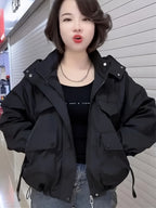 American Hooded Women'S Top, High-End, Stylish, Double-Pocket Zipper Cardigan, Trench Coat, Hooded Age-Reducing Long-Sleeved Outerwear - Black
