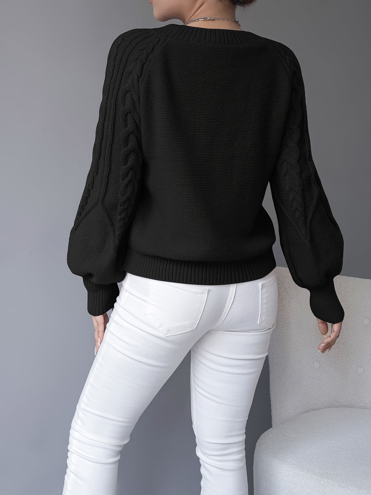 Chunky Lantern Sleeve Sweater, Women'S Crew Neck Textured Pullover Sweater - Black