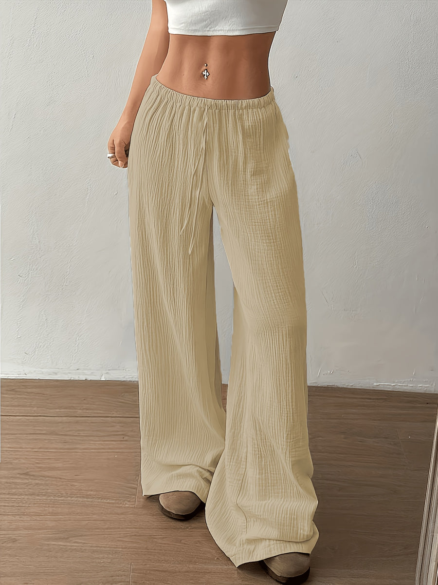 HMY Relaxed Style Pleated Wide-Leg Pants, High-Waisted Breathable Long Pants for Home or Outdoor Wear + Tala - Apricot