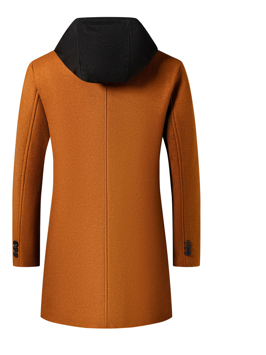 Pearson OBM Youth Men's Student Korean-Style Casual Tweed Wool Blend Overcoat, Mid-Length with Detachable Hood, Trendy Outerwear for Men - Orange