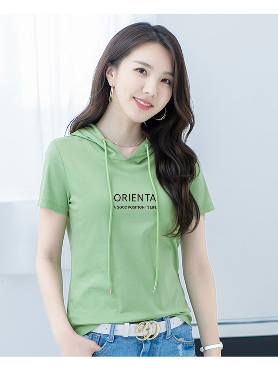 Summer New Korean Version Loose Short Sleeve Thin Trendy Printed Hooded T-Shirt Casual Drawstring Loose Short Sleeve Shirt for Women Regular - Light Green