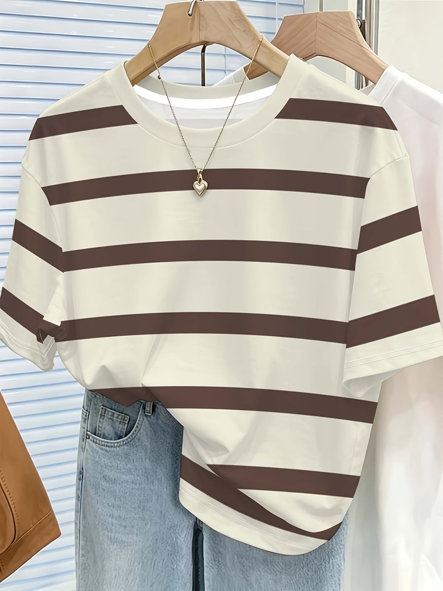 Striped Women'S Printed Round Neck Short Sleeve T-Shirt Top Casual Brown White Horizontal Stripes Summer All-Match Style - Mixed colors