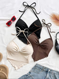 3pcs Set Women'S Spring Summer New Casual Vacation Outfit Western Beach Tropical Cami Party Top Easter Music Festival - Black+khaki+apricot