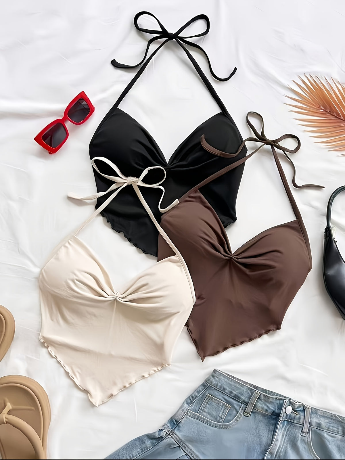3pcs Set Women'S Spring Summer New Casual Vacation Outfit Western Beach Tropical Cami Party Top Easter Music Festival - Black+khaki+apricot