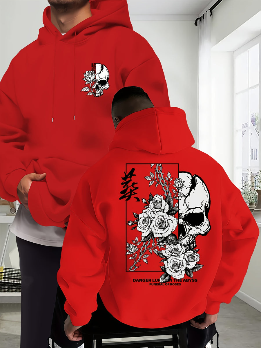 New Trendy Men'S Autumn And Winter Hooded Sweatshirt, Casual Everyday Drawstring Hoodie with Creative Design Print, Kangaroo Pouch Front Pocket, Unisex Tops - Red