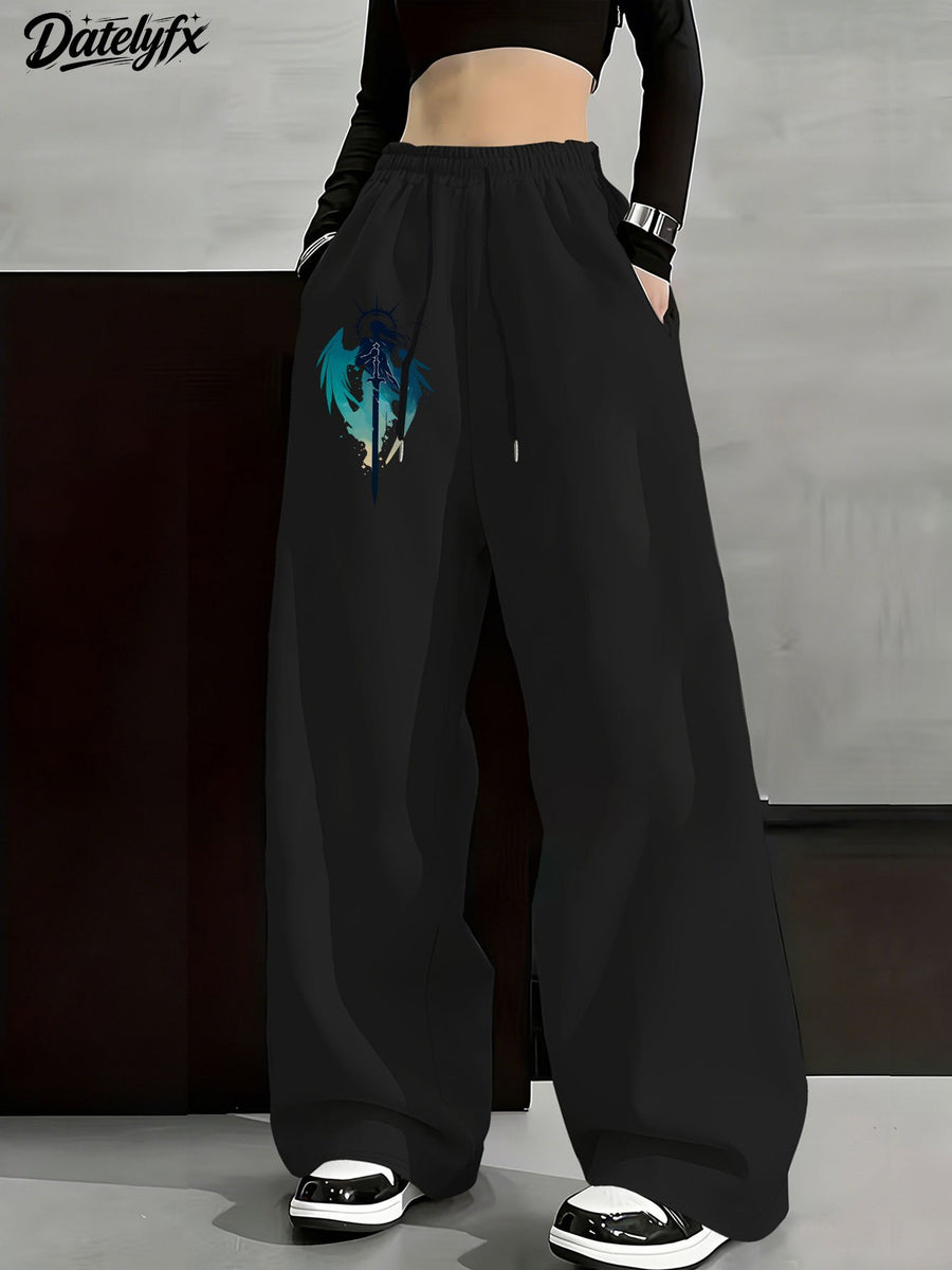 Women'S All-Season Long Pants, Back-To- Season Sword Wing Warrior Theme Printed Casual Trousers, Elastic Waist Drawstring Design, Daily Commute/Campus/Casual Outing Versatile Style - Black