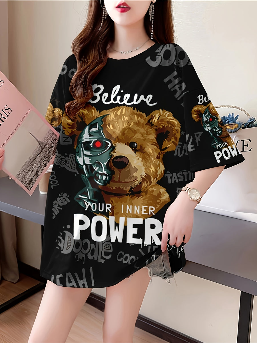 Women's Plus Size Oversized Graphic T-Shirt - Cute Cartoon Bear & Inspirational Text Print, Breathable Stretchy Fabric, Longline Casual Top for Spring Summer Fall, Bear T Shirt, Spring Fashion, Round Neckline, Nontransparent Material, Machine Washable - Black