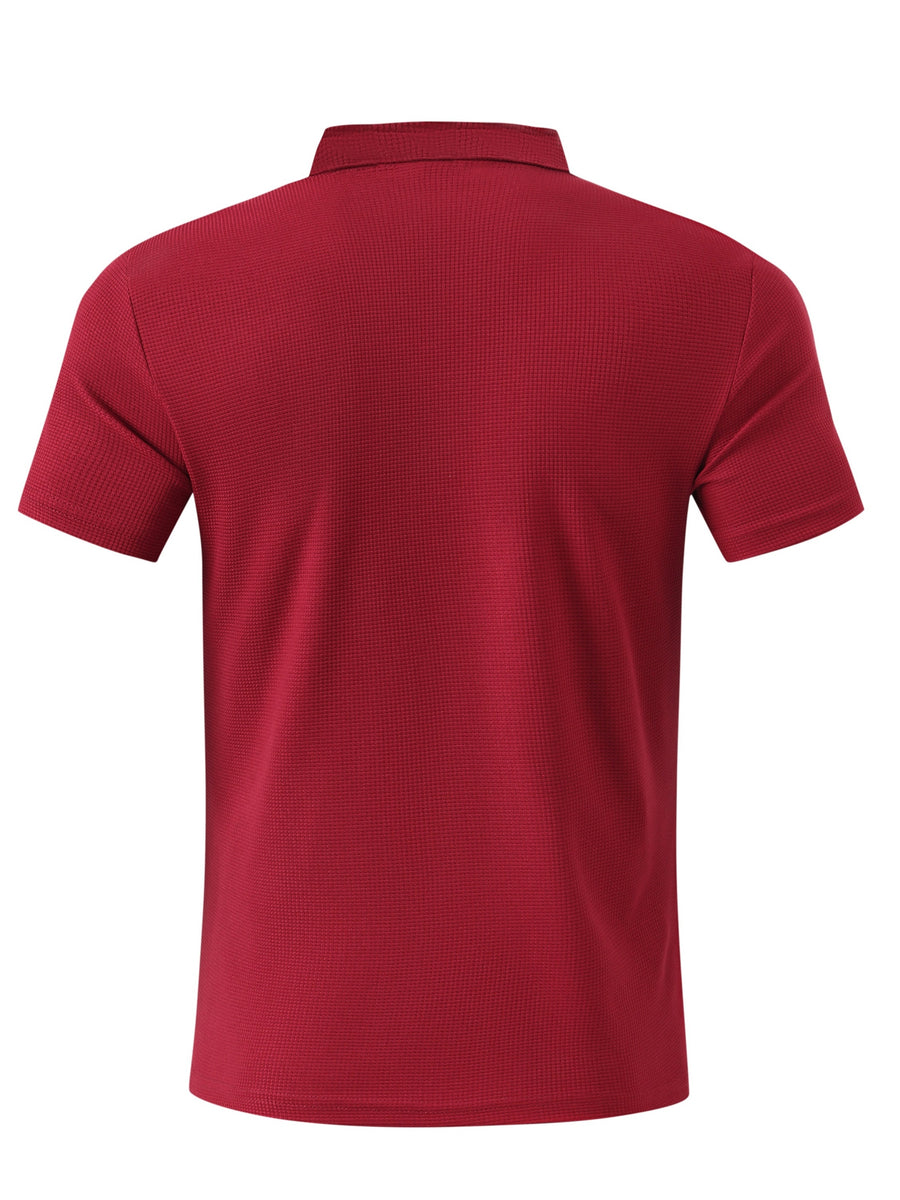 Breathable Fabric Summer Men'S Waffle Skinny Short Sleeve American Oversized Casual V-Neck Tie-Up T-Shirt - Burgundy